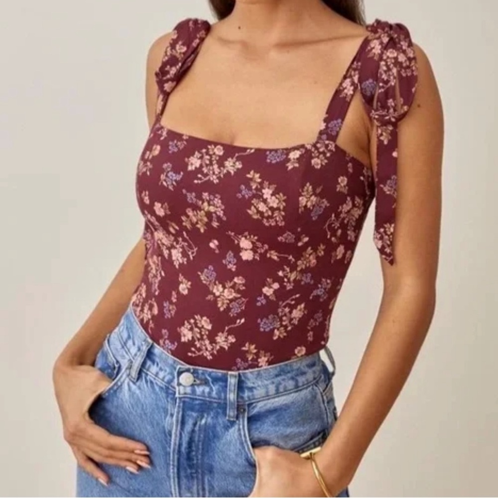 REFORMATION ELLORA BURGUNDY FLORAL TOP TIE TOP SZ 2